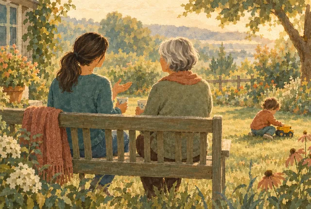 Two women on a garden bench with coffee, one talking and one listening, while a toddler plays nearby