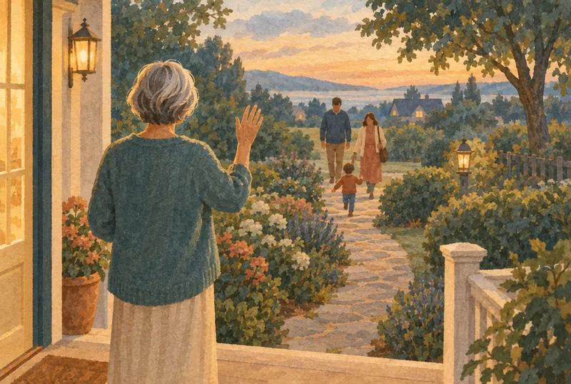 A woman waves from her front steps as her son’s family walks up the garden path at dusk