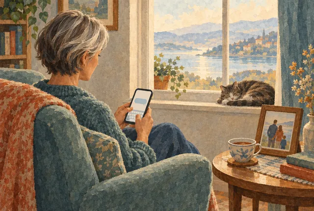 A woman in an armchair by the window, thinking before she sends a message