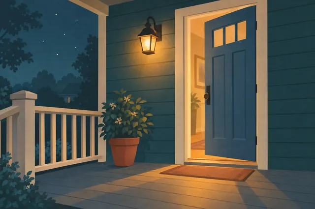 A porch light glowing beside an open front door at dusk